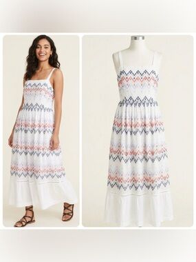 Sabina Musayev Fiji White Embroidered Midi Sun Dress w/Pockets Boho Resort XL